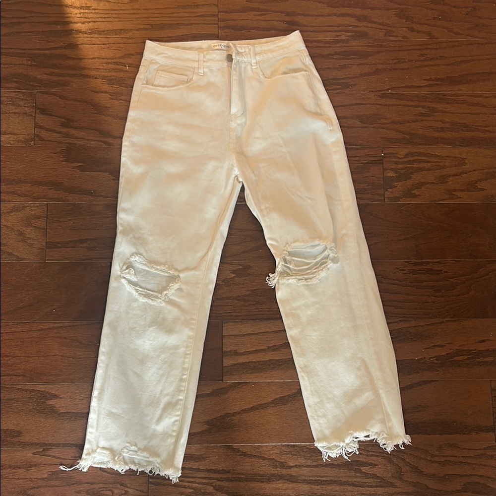 Vestique Women's Straight Leg Distressed Cream Jeans